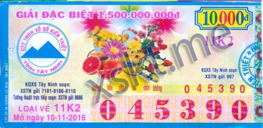 Mẫu vé sô xổ số Tây Ninh ngày 10/11/2016