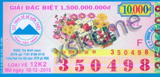 Mẫu vé sô xổ số Tây Ninh ngày 10/12/2015