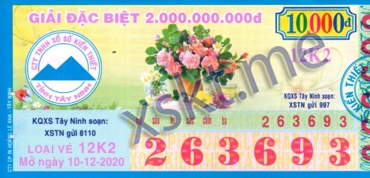 Mẫu vé sô xổ số Tây Ninh ngày 10/12/2020