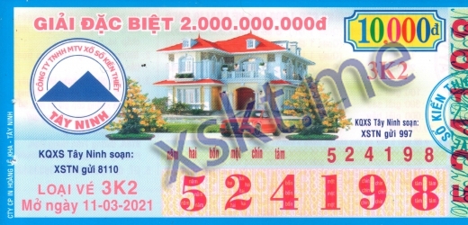 Mẫu vé sô xổ số Tây Ninh ngày 11/3/2021