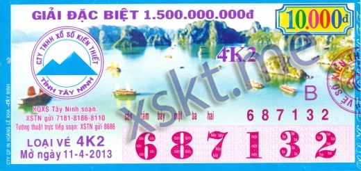 Mẫu vé sô xổ số Tây Ninh ngày 11/4/2013