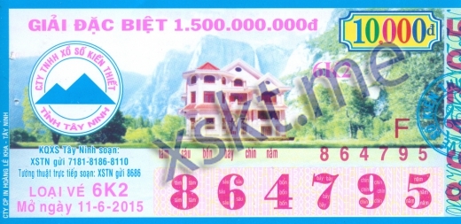 Mẫu vé sô xổ số Tây Ninh ngày 11/6/2015