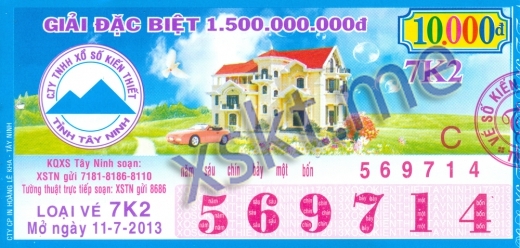 Mẫu vé sô xổ số Tây Ninh ngày 11/7/2013