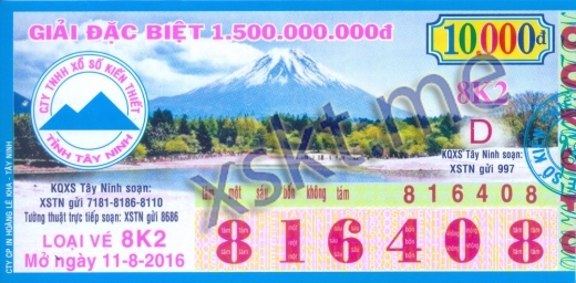 Mẫu vé sô xổ số Tây Ninh ngày 11/8/2016