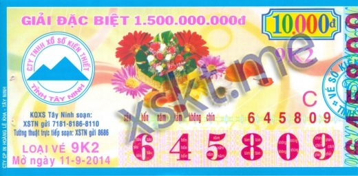 Mẫu vé sô xổ số Tây Ninh ngày 11/9/2014
