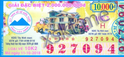 Mẫu vé sô xổ số Tây Ninh ngày 11/10/2018