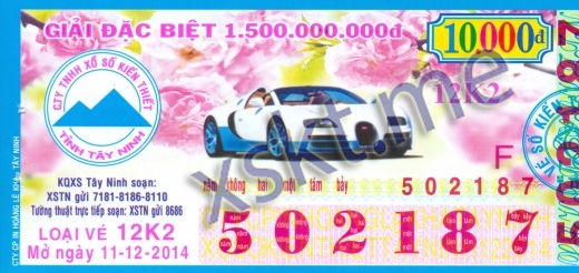 Mẫu vé sô xổ số Tây Ninh ngày 11/12/2014
