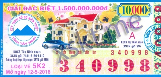 Mẫu vé sô xổ số Tây Ninh ngày 12/5/2016