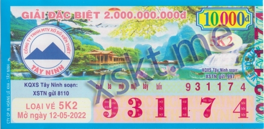 Mẫu vé sô xổ số Tây Ninh ngày 12/5/2022