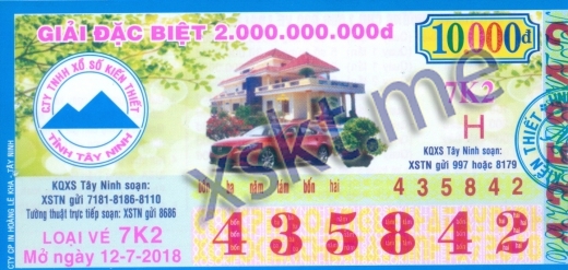 Mẫu vé sô xổ số Tây Ninh ngày 12/7/2018