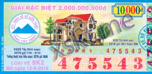 Mẫu vé sô xổ số Tây Ninh ngày 12/9/2019