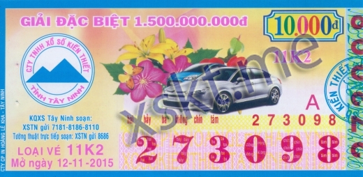 Mẫu vé sô xổ số Tây Ninh ngày 12/11/2015