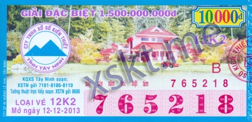Mẫu vé sô xổ số Tây Ninh ngày 12/12/2013