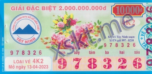 Mẫu vé sô xổ số Tây Ninh ngày 13/4/2023