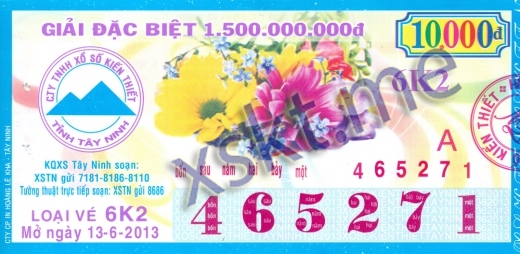 Mẫu vé sô xổ số Tây Ninh ngày 13/6/2013