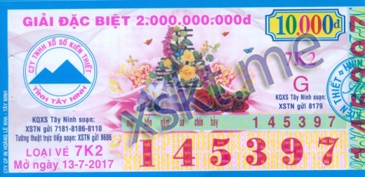Mẫu vé sô xổ số Tây Ninh ngày 13/7/2017