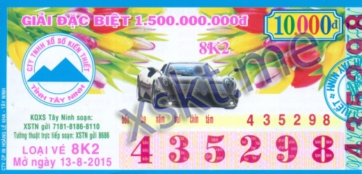 Mẫu vé sô xổ số Tây Ninh ngày 13/8/2015