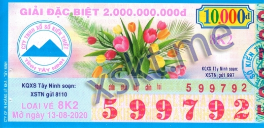 Mẫu vé sô xổ số Tây Ninh ngày 13/8/2020