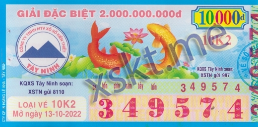 Mẫu vé sô xổ số Tây Ninh ngày 13/10/2022