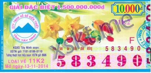 Mẫu vé sô xổ số Tây Ninh ngày 13/11/2014