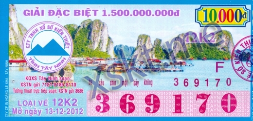 Mẫu vé sô xổ số Tây Ninh ngày 13/12/2012