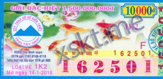 Mẫu vé sô xổ số Tây Ninh ngày 14/1/2016