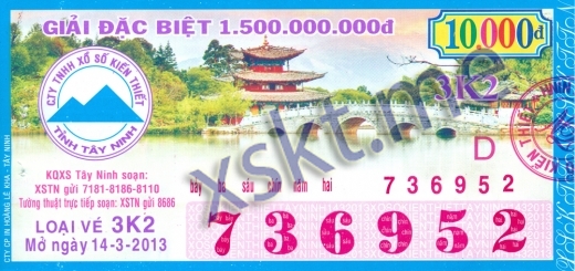 Mẫu vé sô xổ số Tây Ninh ngày 14/3/2013