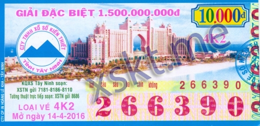 Mẫu vé sô xổ số Tây Ninh ngày 14/4/2016