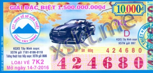 Mẫu vé sô xổ số Tây Ninh ngày 14/7/2016