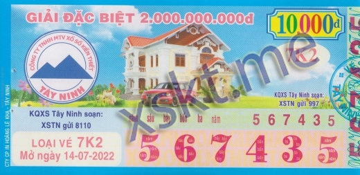 Mẫu vé sô xổ số Tây Ninh ngày 14/7/2022
