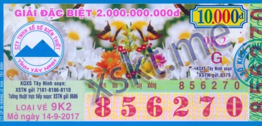 Mẫu vé sô xổ số Tây Ninh ngày 14/9/2017