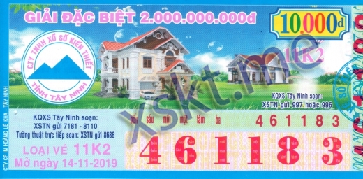 Mẫu vé sô xổ số Tây Ninh ngày 14/11/2019