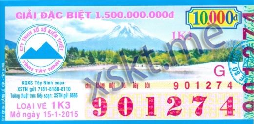 Mẫu vé sô xổ số Tây Ninh ngày 15/1/2015