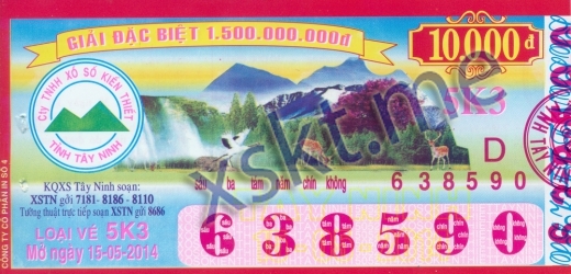 Mẫu vé sô xổ số Tây Ninh ngày 15/5/2014
