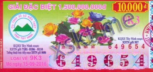Mẫu vé sô xổ số Tây Ninh ngày 15/9/2016