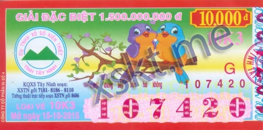 Mẫu vé sô xổ số Tây Ninh ngày 15/10/2015