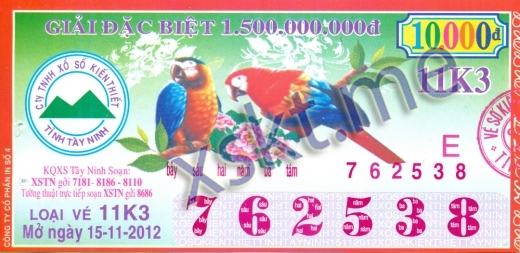 Mẫu vé sô xổ số Tây Ninh ngày 15/11/2012