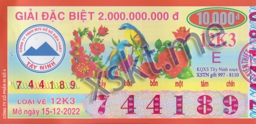 Mẫu vé sô xổ số Tây Ninh ngày 15/12/2022