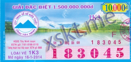 Mẫu vé sô xổ số Tây Ninh ngày 16/1/2014