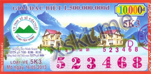 Mẫu vé sô xổ số Tây Ninh ngày 16/5/2013