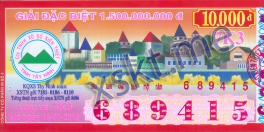 Mẫu vé sô xổ số Tây Ninh ngày 16/7/2015