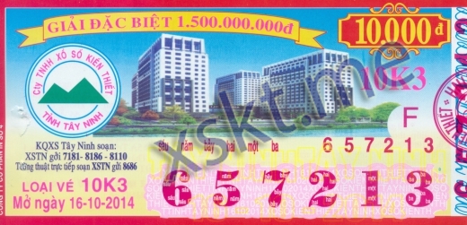 Mẫu vé sô xổ số Tây Ninh ngày 16/10/2014