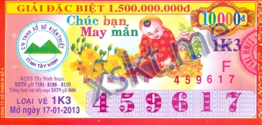 Mẫu vé sô xổ số Tây Ninh ngày 17/1/2013
