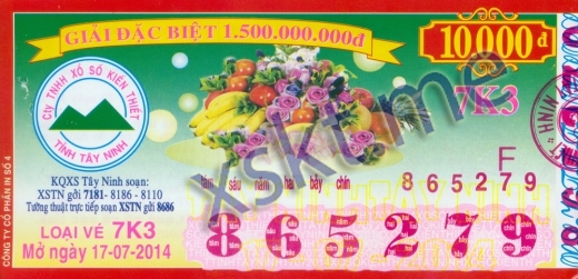 Mẫu vé sô xổ số Tây Ninh ngày 17/7/2014