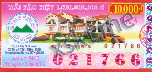 Mẫu vé sô xổ số Tây Ninh ngày 17/9/2015