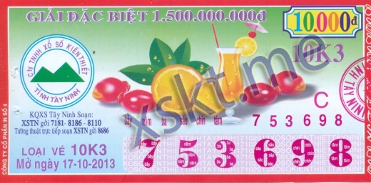 Mẫu vé sô xổ số Tây Ninh ngày 17/10/2013