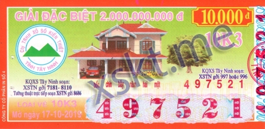 Mẫu vé sô xổ số Tây Ninh ngày 17/10/2019