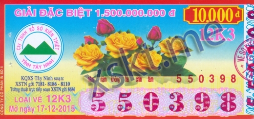 Mẫu vé sô xổ số Tây Ninh ngày 17/12/2015