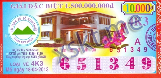 Mẫu vé sô xổ số Tây Ninh ngày 18/4/2013