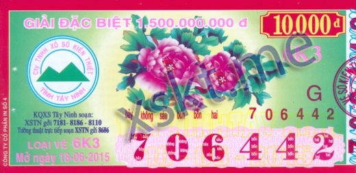 Mẫu vé sô xổ số Tây Ninh ngày 18/6/2015